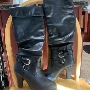 Women’s black high boots by SO size 7.5 - 3 1/2 inch heels, good condition